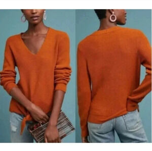 Anthropologie Moth Freeport Rust Orange Front Tie Knot V-Neck Ribbed Sweater(M)